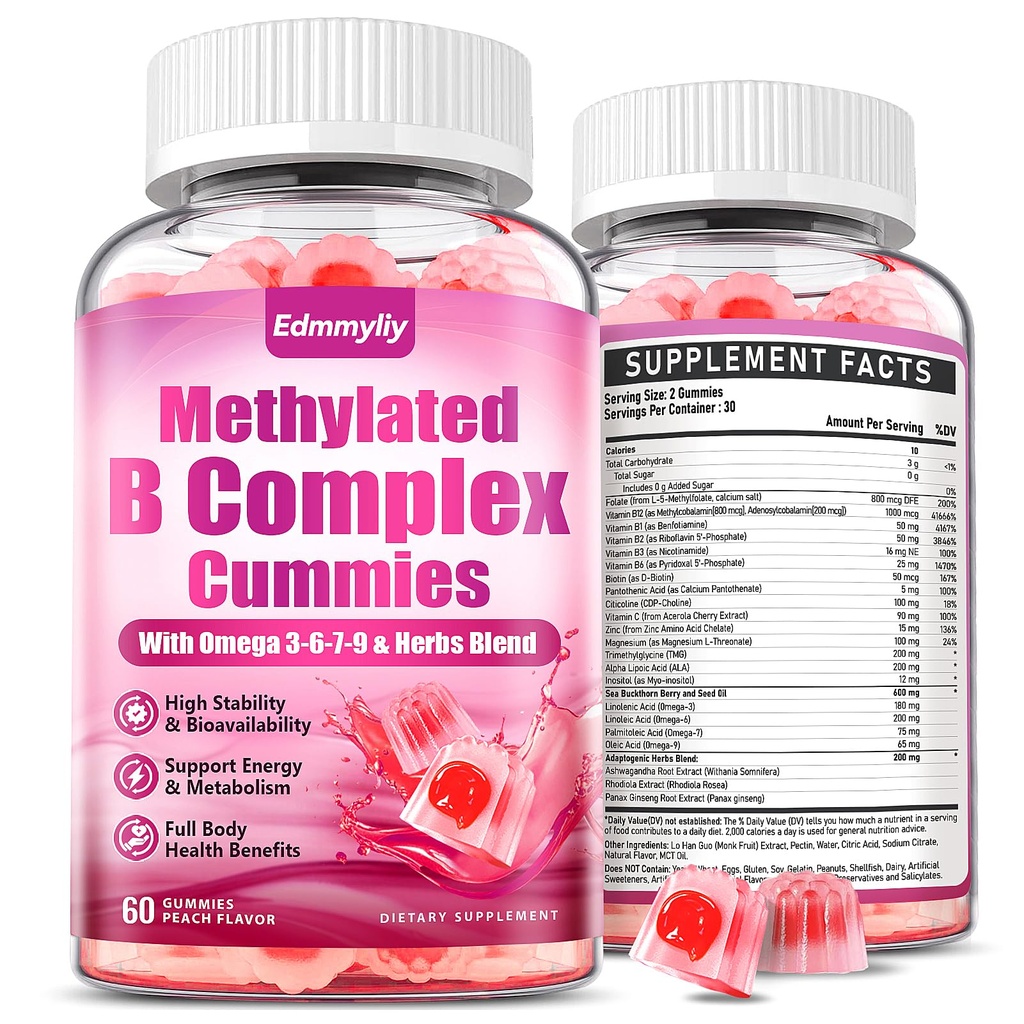 Methylated B Complex multivitamin for Women - Daily Vitamin B1, B2, B6, B12 Gummies with Folate, Vitamin C, Magnesium & Omega 3 - Supports for Immune & Over-All Health