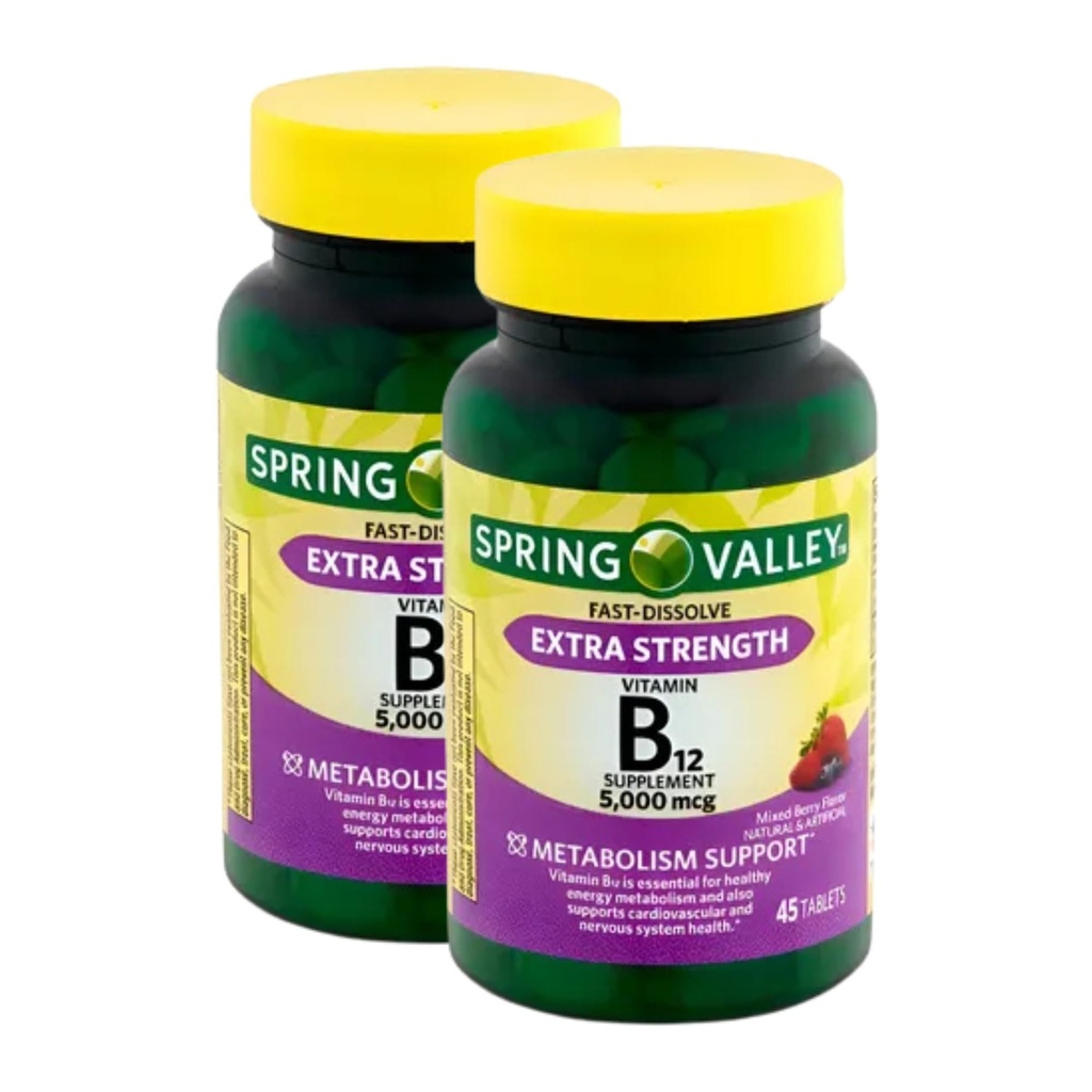 Extra Strength Vitamin B12 5000 mcg – 45 Tablets, Mixed Berry Flavor, Fast Dissolve B12 Vitamins, Daily B 12 Supplement for Metabolism Support (Pack of 2)