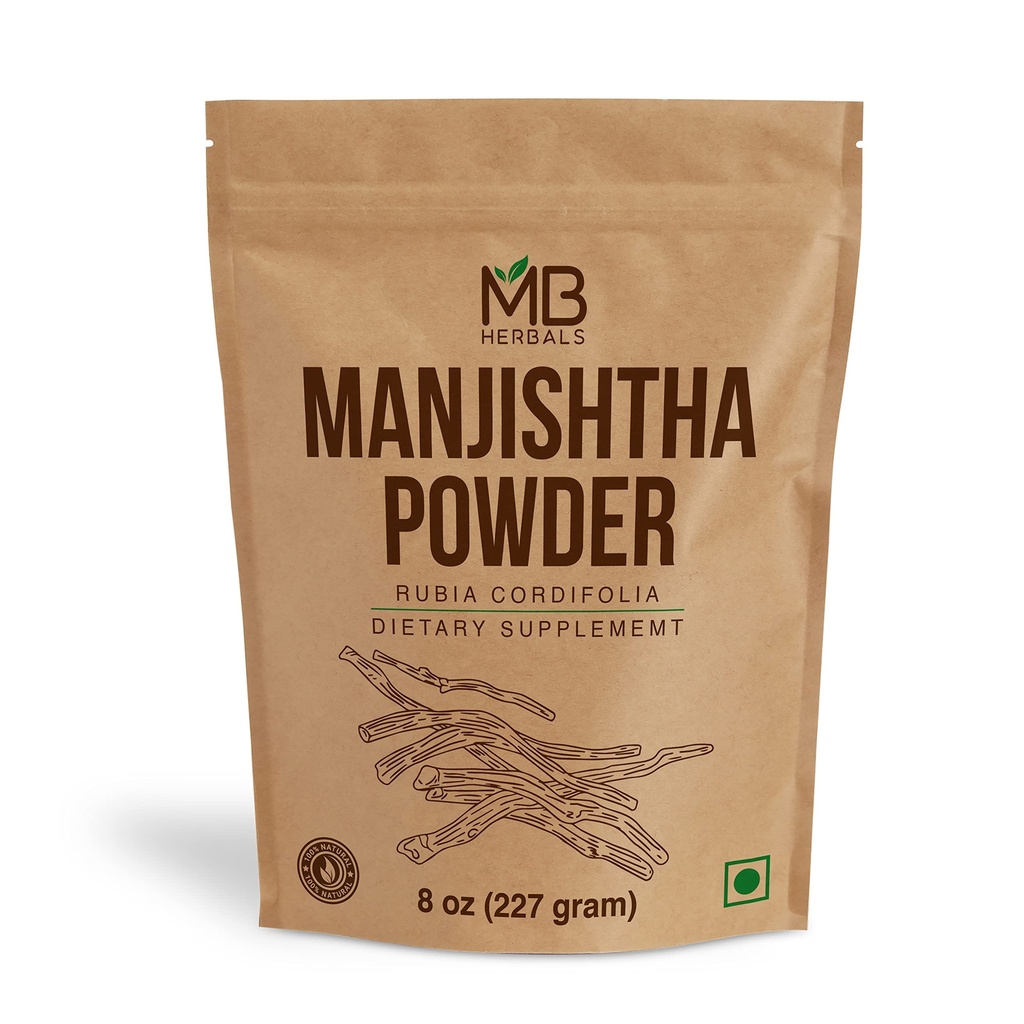 MB Herbals Manjistha Powder 8 oz / 227 Gram | 0.5 Pound | Rubia cordifolia Root | Organically Cultivated Indian Madder Root Manjishtha