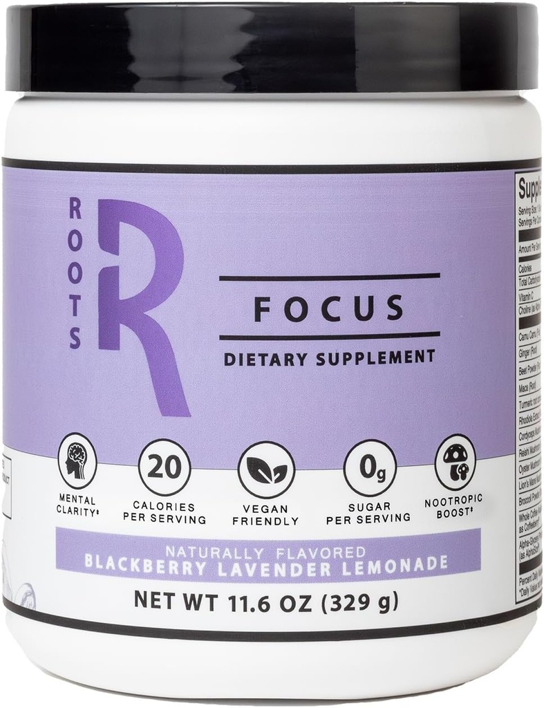 Silver Star Nutrition, Roots Focus Nootropic Brain Supplement - BlackBerry Lavender Lemonade, Blend of Lion's Mane, Cordyceps, & Reishi Functional Mushrooms + Extended-Release Caffeine, 50 Servings