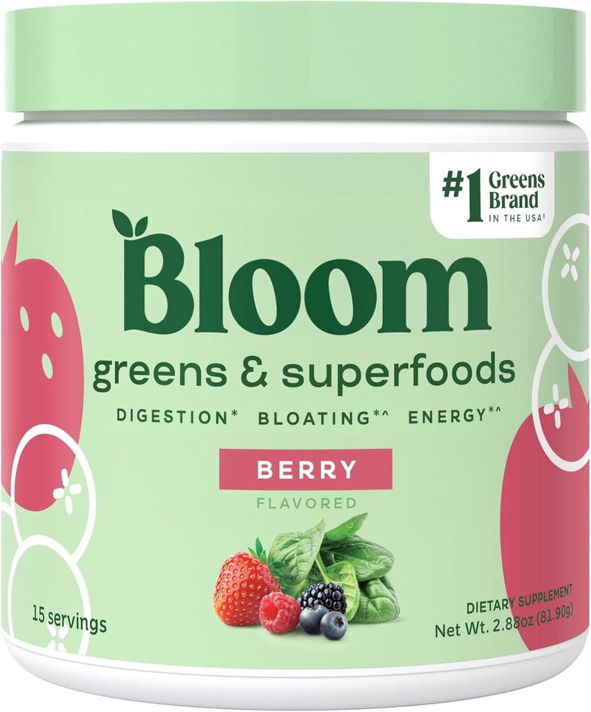 Bloom Nutrition Superfoved Green Powder, Digestive Enzymes w/Probiotics & Prebiotics, Gut Salut, Bloling Holge for Dones, Chlorella, 15 SVG (15 Servings (Pack de 1), Berry)