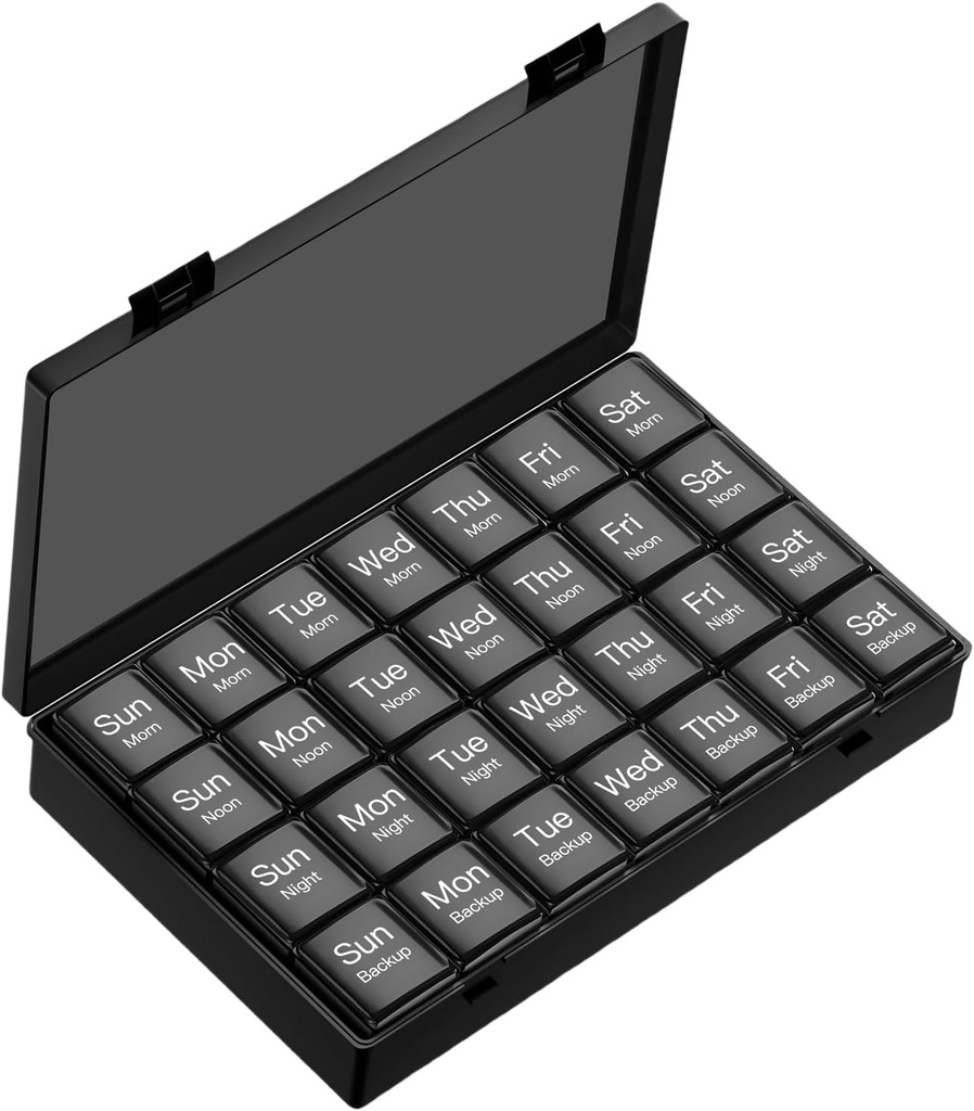 Organización de pílulas semanais grande, 4 veces ao día, 7-Day Moisture-Proof Pill Box con 28 compartimentos, Capaz de acomodar grandes cantidades de vitaminas, suplementos, aceite de peixe e medicina (negro)