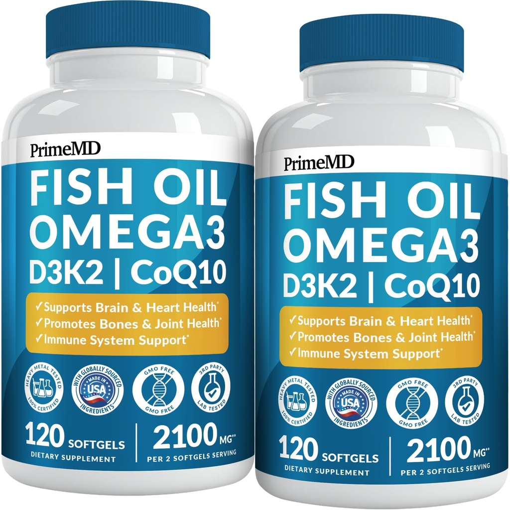 5-in-1 Fish Oil Omega 3 Supplements (2100mg) - Fish Oil with Vitamins D3 & K2 and CoQ10 - EPA DHA Omega 3 Supplement - Lemon Flavored Fatty Acid Supplements, Pack of 2