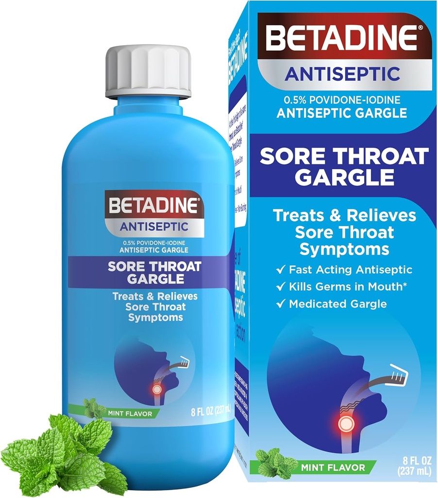 Betadine 抗化剂 Gargle、Povidone-Iodine 0.5%、治疗和肾上腺素症状、暂时减少通常在口腔中发现的胚胎,Mint Flavor, 8 FL OZ