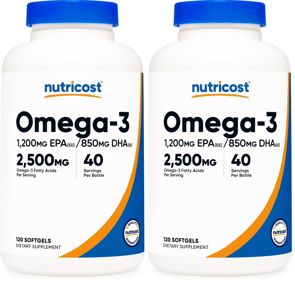 Nutricost Omega 3 Fish Oil - 2500MG, 120 Softgels (40 Serv) - Fish Oil, Wild Caught! 1200mg EPA 850mg DHA - Non-GMO, Gluten Free (Pack of 2)