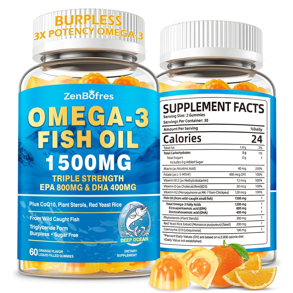 Omega 3 Fish Oil Gummies 1500mg, Triple Strength Omega 3 for Adults with EPA & DHA, CoQ10, Red Yeast Rice | Essential Fatty Acids | Wild Caught & Burpless | for Hḙar-t & Brain | Sugar Free, 60 Count