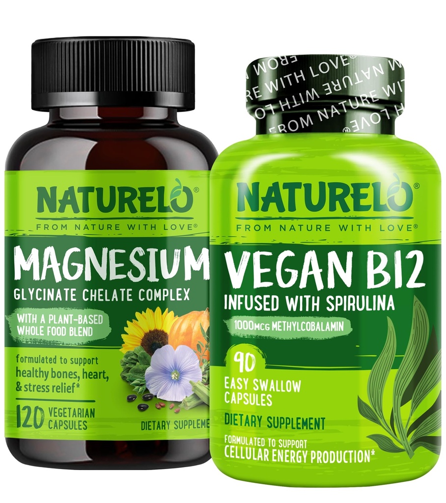 NATURELO Vegan B12 - Methyl B12 with Organic Spirulina - 90 Capsules and Magnesium Glycinate Chelate Complex - 120 Capsules Bundle