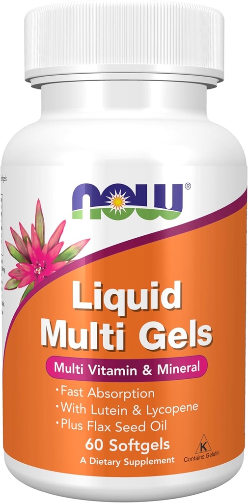 NOW Foods Suplementos, líquidos multi xeles con luteína e licopeno, máis Flax Seed Oil, 60 Softgels