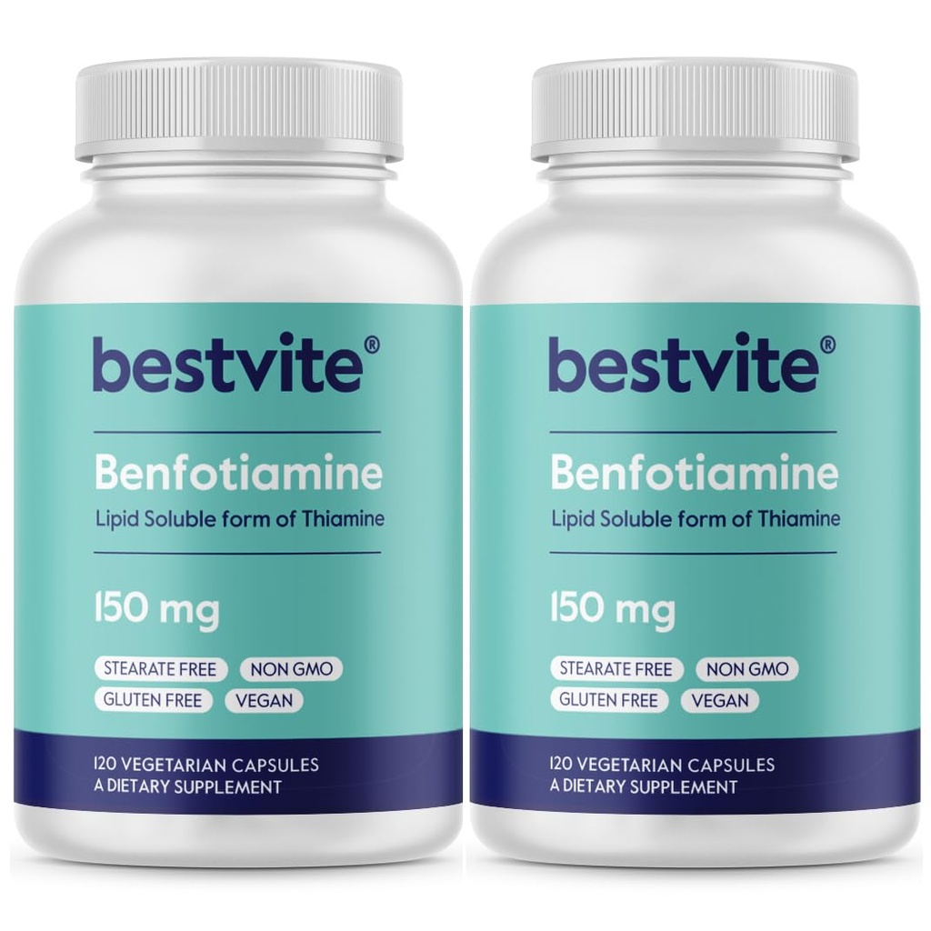 BESTVITE Benfotiamine 150mg (240 Vegetarian Capsules) (120x2) - No Stearates - No Silicon Dioxide - Vegan - Non GMO - Gluten Free