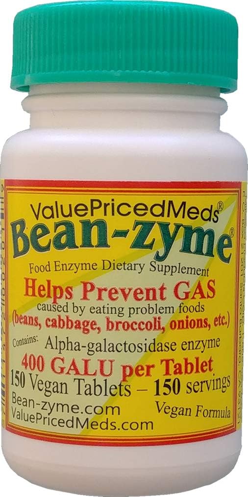 Bean-Zyme Gas Relief для дорослих Extra Міцність (150 ct) 400 GAUL за таблетку Alpha Galactosidase, Vegan, Менше витрат, Травний фермент Дієтичні добавки Натуральний харчовий фермент