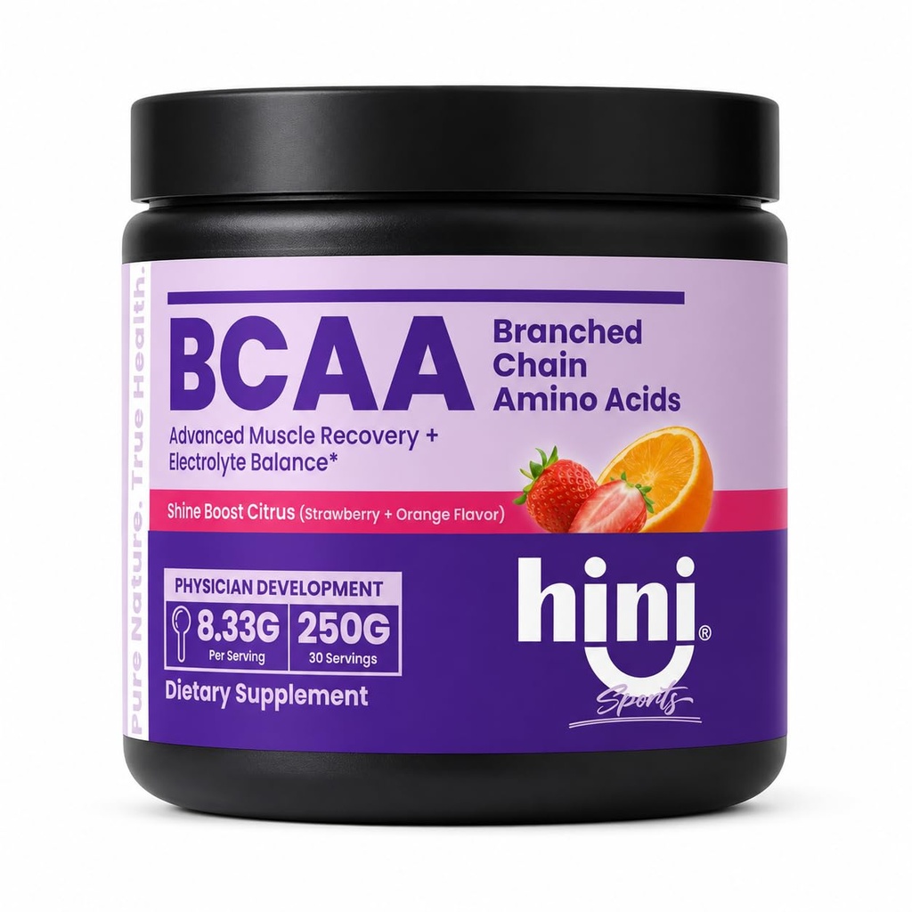 HINI BCAA Powder, 2:1:1 Branched Chain Amino Acids with Electrolytes, 6000mg BCAA Blend, L-Leucine, L-Isoleucine & L-Valine, Strawberry Orange Flavor, 250g, 30 Servings