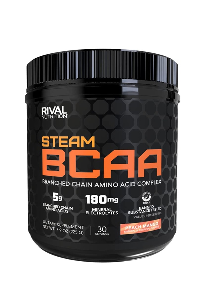 Rival Nutrition Steam BCAA I 30 Servings I 5g Branched Chain Amino Acids and 180mg Electrolytes Per Serving I Recovery and Hydration Support for Men & Women I Instantized Powder (Peach Mango)