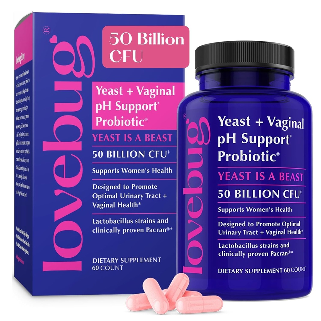Lovebug Yeast və Qadınlar üçün Vaginal Probiyotiks pH Balance & Urinary Tract, 50 milyar CFU, UTI, BV, Odor Lactobacillus, Bifidobacterium, Digestive & Vaginal Health Supplement 60 Capsules