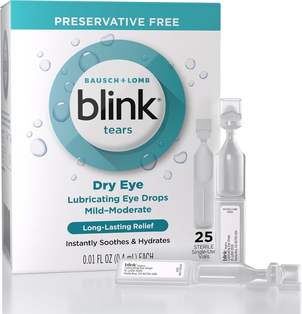Blink Tears 윤활 Eye Drops Preservative Free, Moisturizing & Soothing for Mild to Moderate Dry Eye, Hyaluronate, 감소 Discomfort, Long-Lasting Hydration, 0.01 단일 용도 Vials, 25 카운트