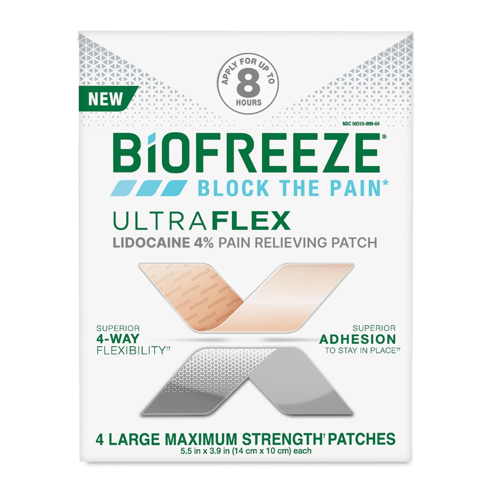 Biofreeze Ultraflex Maximum Strength 4% Lidocaine Patches, Non-Menthol, Flexible Pain Relief Patch for Lower Back, Lidocaine Patch for Neck, Knee, Shoulder, 4 Large Pain Patches