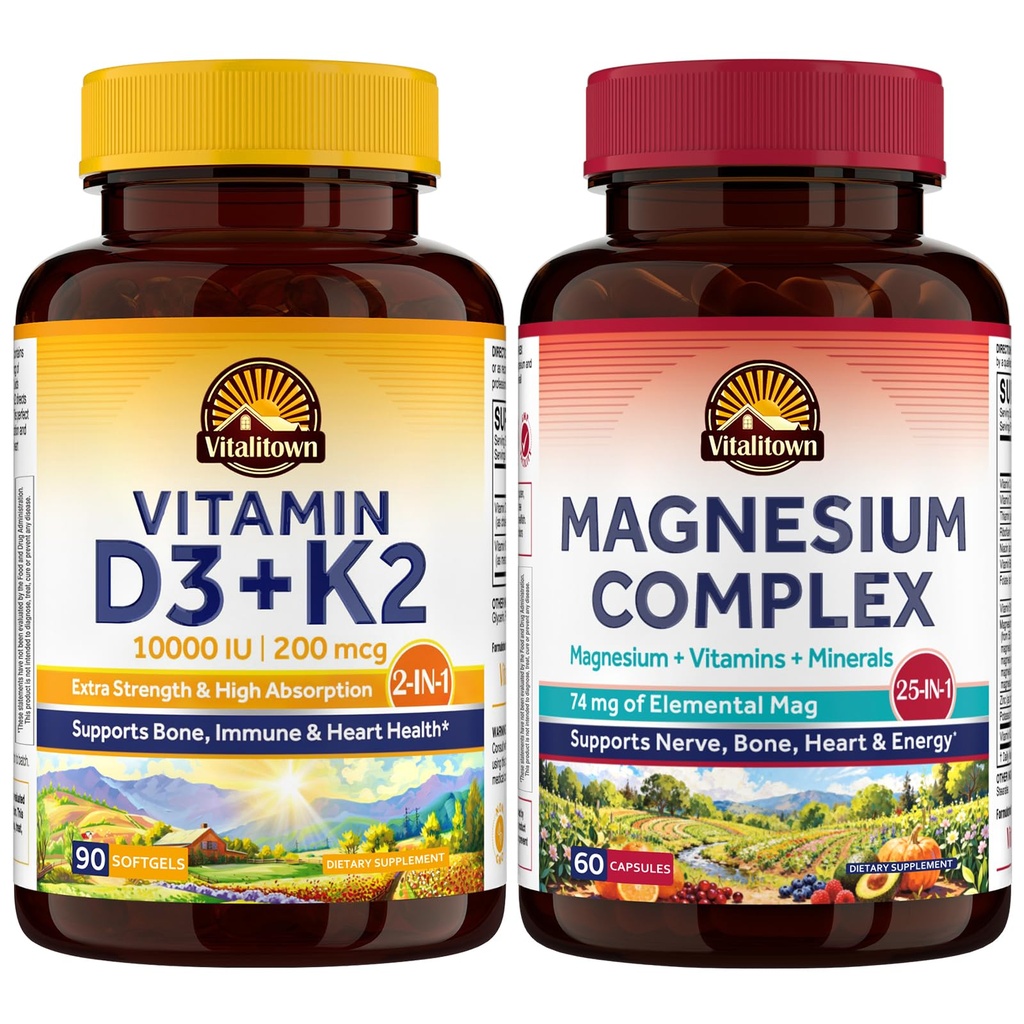 Vitalitown Vitamin D3 K2 & Magnesium Complex Bundle (Pack of 2) | Vitamin D3 10000 IU + K2(Item 1) & 25-in-1 Magnesium Complex (Item 2)