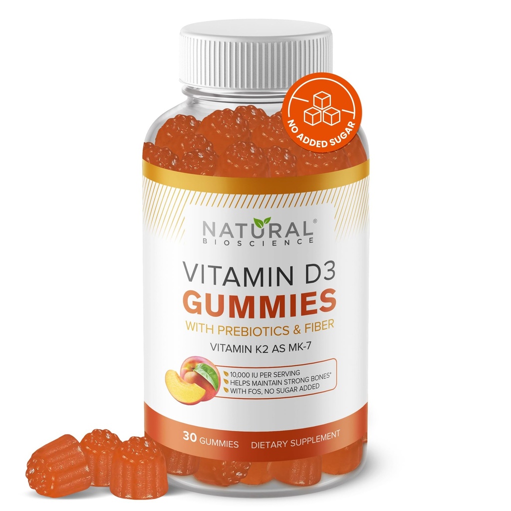 Vitamin D3 10000 IU & Vitamin K2 Gummies - Extra Strength, Sugar-Free, High Absorption - Bone, Joint, Immune, Heart, Brain & Mood Support - Non-GMO, Gluten-Free, Fiber-Based with Prebiotics, 30 Count