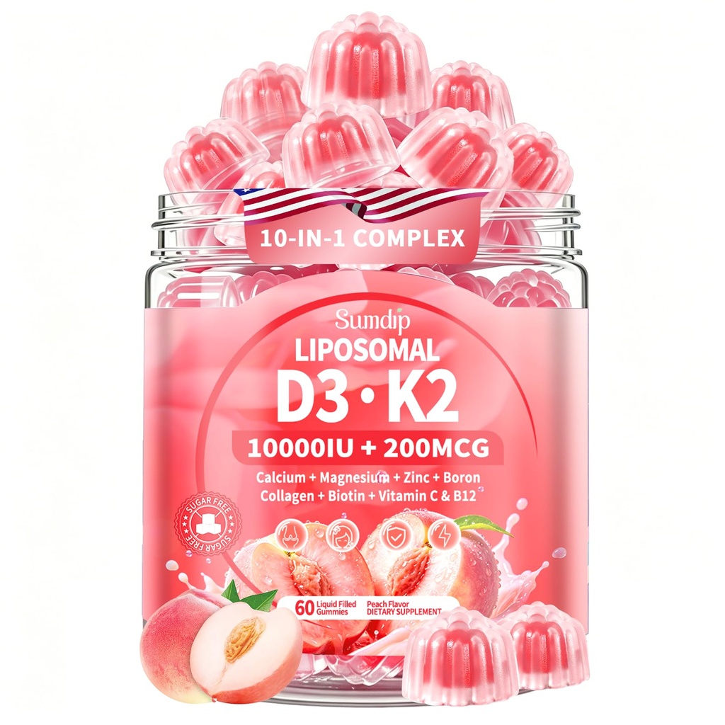 Vitamin D3 K2 Gummies 10-in-1 Liposomal 10,000 IU Vitamin D3 with K2 (MK-7) 200 mcg, Calcium, Magnesium, Collagen, Biotin, Zinc & B12 - Bone, Skin & Immune Support - Sugar Free, Peach Flavor, 60 Count