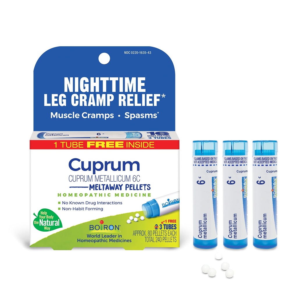 Boiron Cuprum Metallicum 6C Homeopathic Medicine for Nighttime Leg Cramp Relief, Muscle Cramps, and Spasms - 3 Count (240 Pellets)