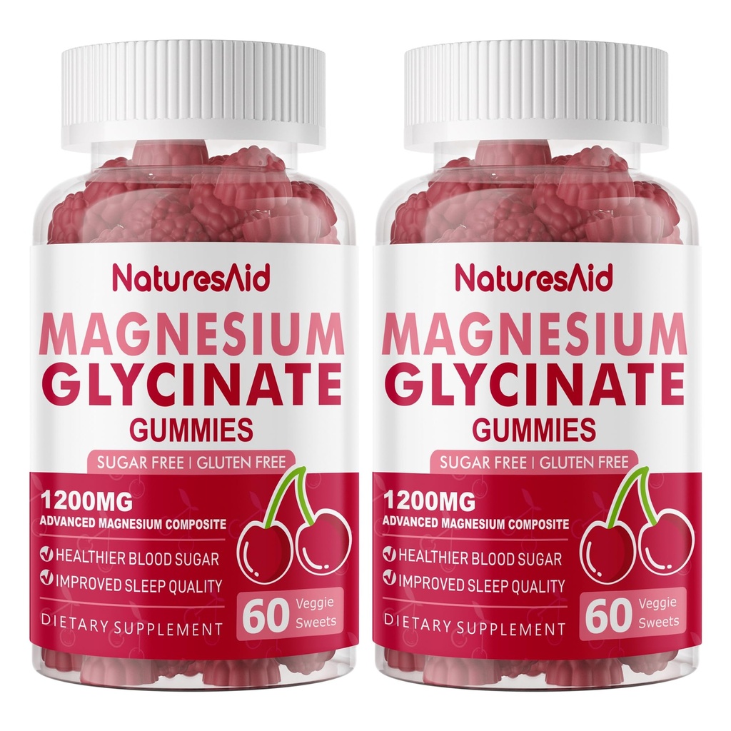 Natures Aid Magnesium Glycinate Gummies 1000mg - Sugar Free Magnesium Potassium Supplement with Vitamin D, B6, CoQ10 for Calm Mood & Sleep Support - 120 Cherry Gummies -2 Pack