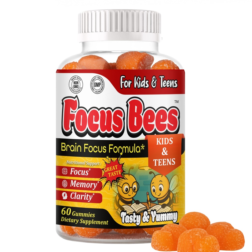 Focus Bees Omega 3 for Kids Gummies – Omega 3 DHA for Kids - Kids Focus and Attention Supplements, Teen Vitamins, Gummy Vitamins for Teens- 60ct