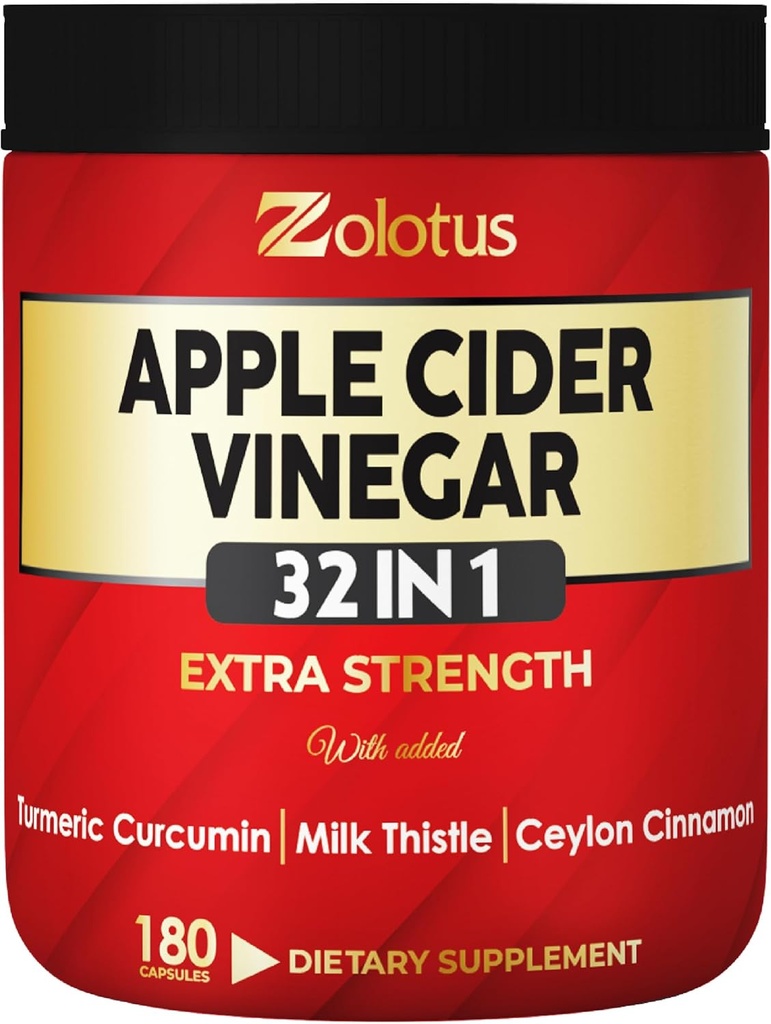 Zolotus 32in1 Apple Cider Vinegar Capsules med gurkemeie, kanel, milk tistel, eldrebær, Quercetin og mer for støtte, immunforsvar - 180 Kapsler