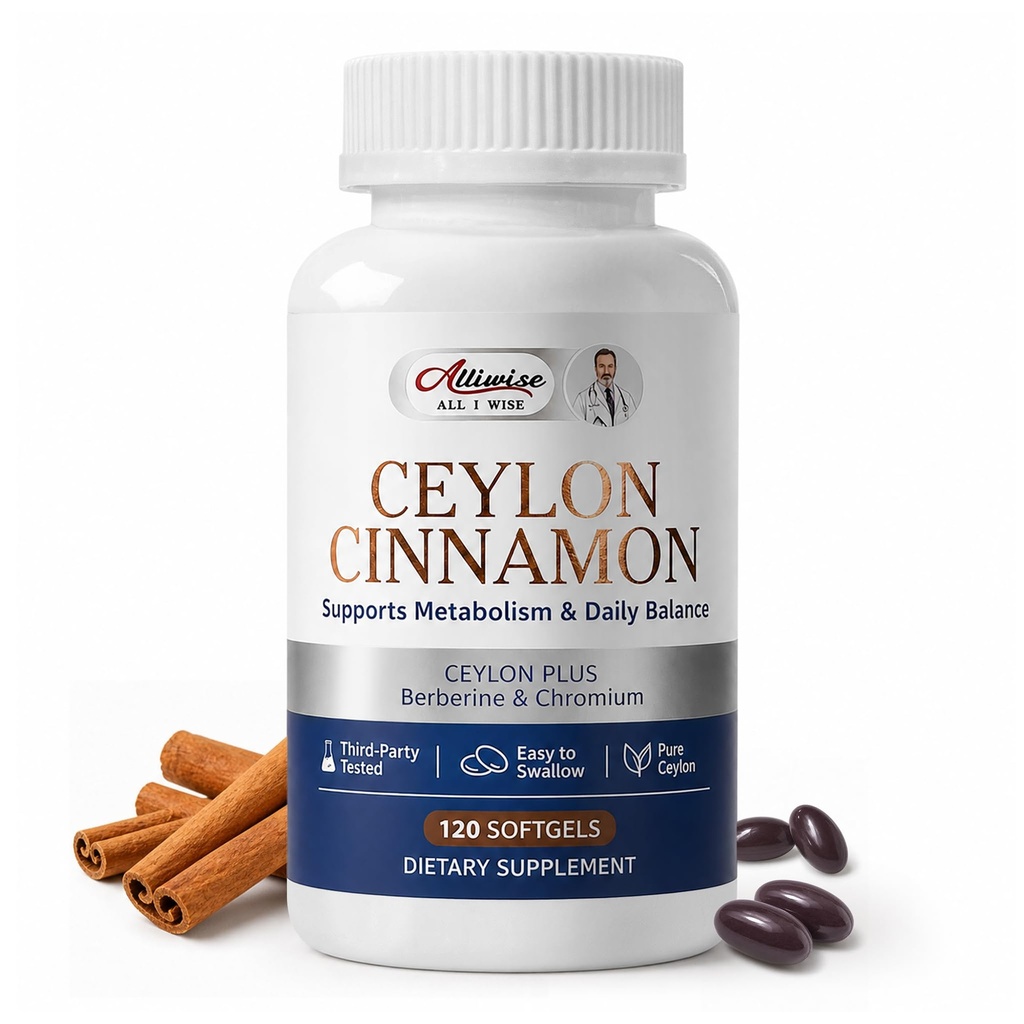 Alliwise Ceylon Cinnamon Supplement with Berberine & Chromium, True Cinnamon Softgels for Metabolism & Energy Support, Third Party Tested,Non-GMO, Gluten Free, 120 Count