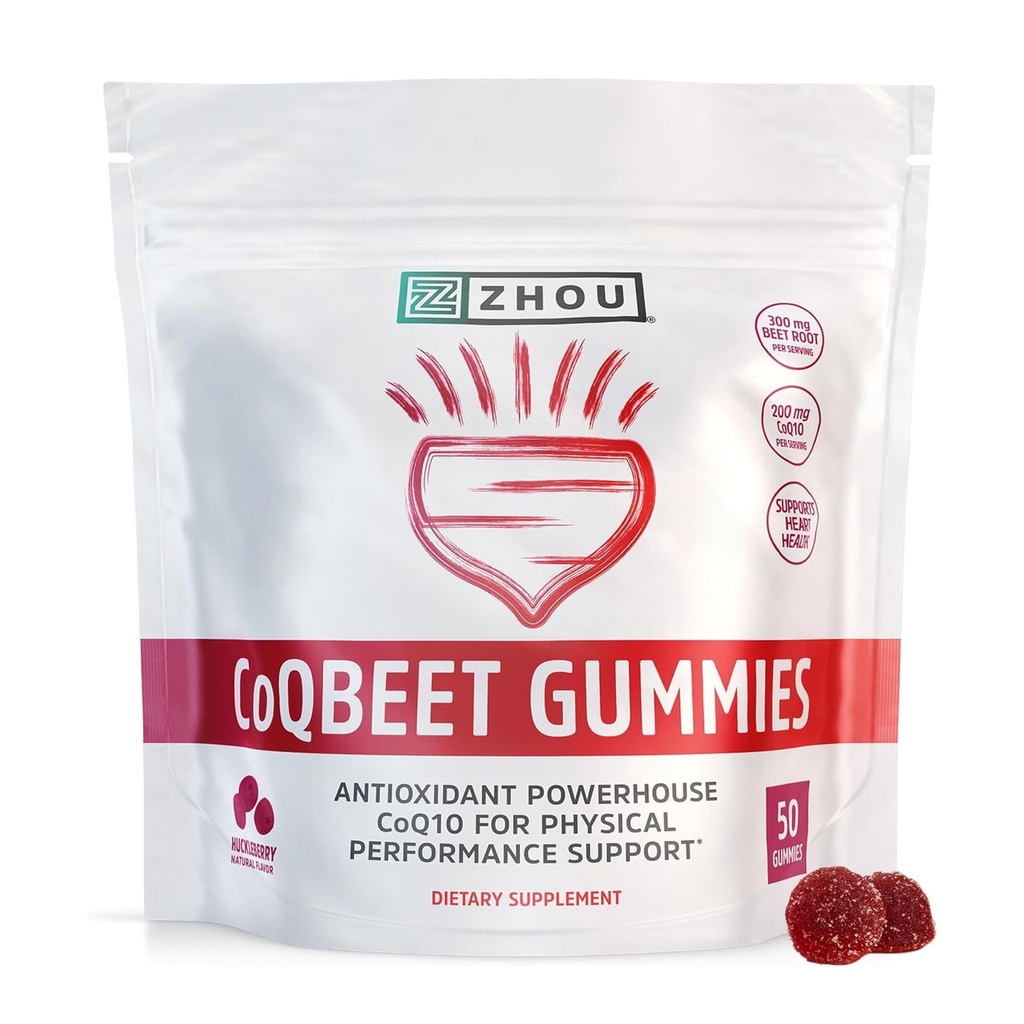 ZHOU CoQBeet Gummies - Beet Root Gummies for Men & Women, Heart Health & Cellular Energy Support Supplement, 300 mg Beetroot & 200 mg CoQ10, Vegan, Gluten Free, Natural Huckleberry Flavor - 50 Count