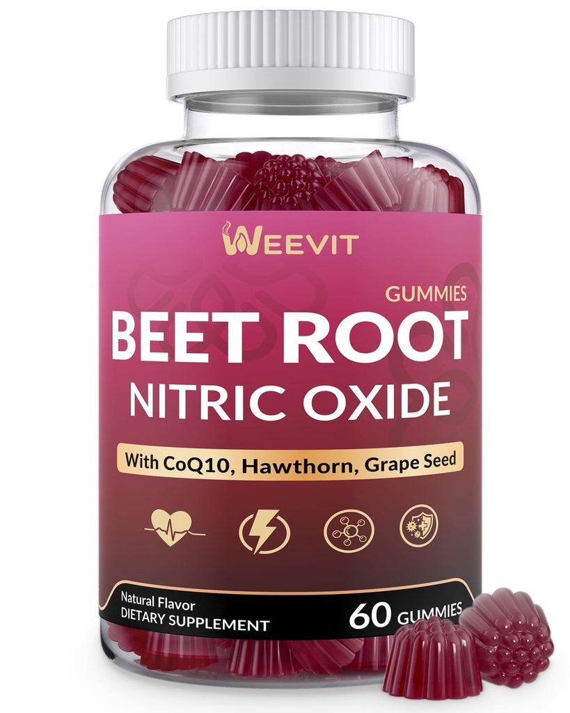 WEEVIT Beet Root Gummies, Nitric Oxide Booster with CoQ10, Grape Seed, Hawthorn,Hibiscus for Men, Women | Beet Chews Supplement, Non-GMO, Vegan