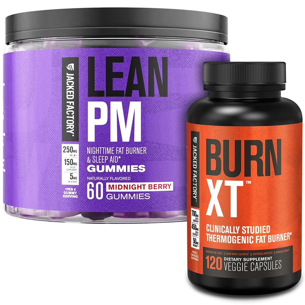 Jacked Factory Burn-XT Clinically Studied Fat Burner & Weight Loss Supplement (120 Capsules) & Lean PM Weight Loss Gummies (60 Gummies)