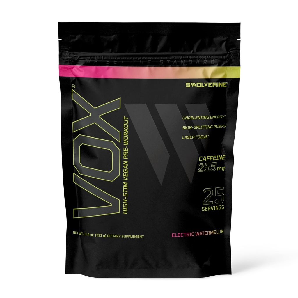 Swolverine VOX® | Advanced High Stim Vegan Energy & Pump Formula, HydroNox, Ornithine OKG, MSM, Alpha GPC, 255mg Caffeine (Electric Watermelon, 30 Servings)