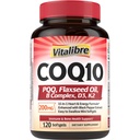 Vitalibre CoQ10 200mg, Ubiquinone with PQQ, Folate, Niacin, K2, D3, Black Pepper, High Absorption, Powerful Antioxidant, Energy Booster, Immune & Bone Support, 120 Easy to Swallow Softgels