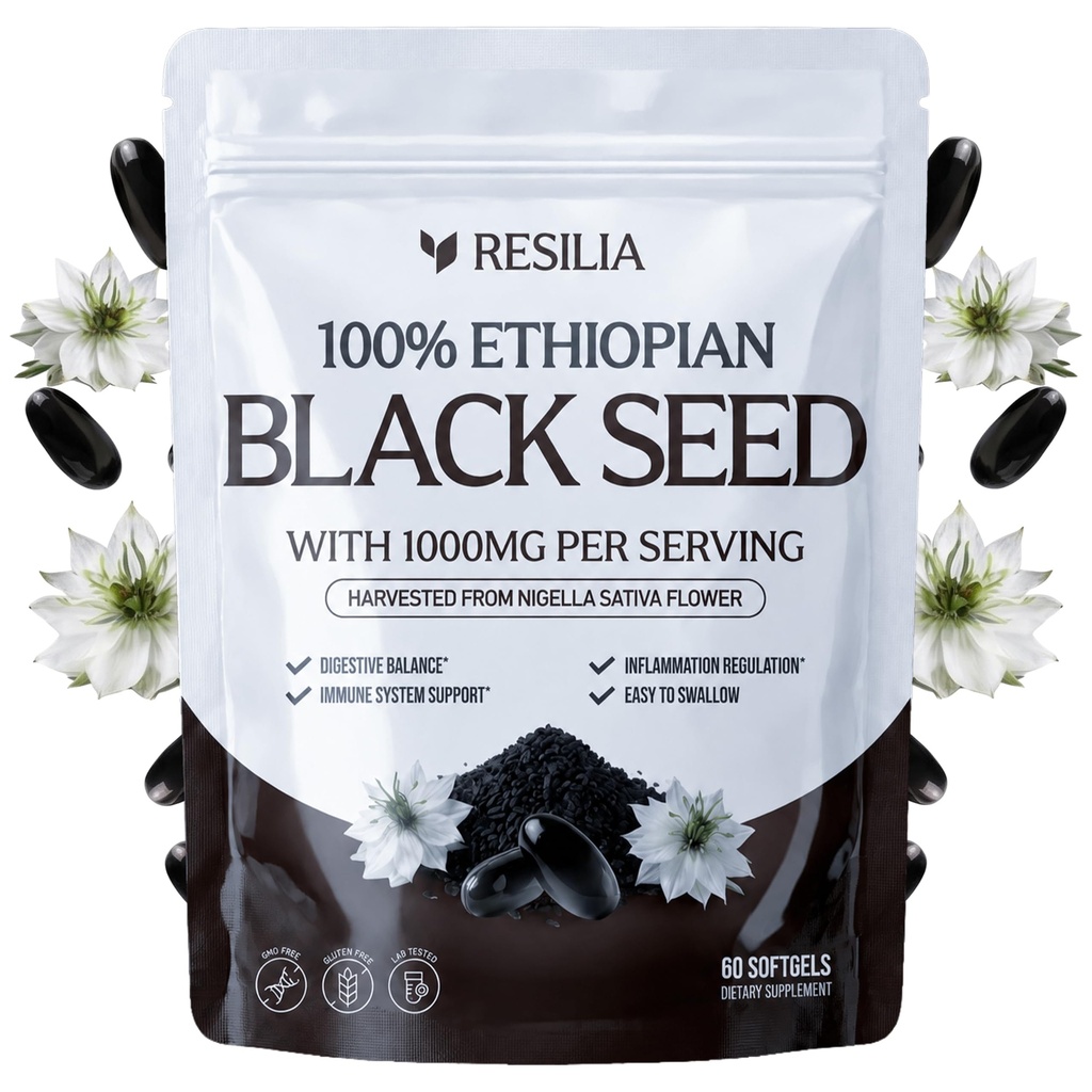 Resilia Ethiopian Black Seed Softgels 1000mg Per Serving – Premium Nigella Sativa Seed Oil Supplement – Digestive & Immune Support Formula – Easy to Swallow Soft Capsules (60 Count)