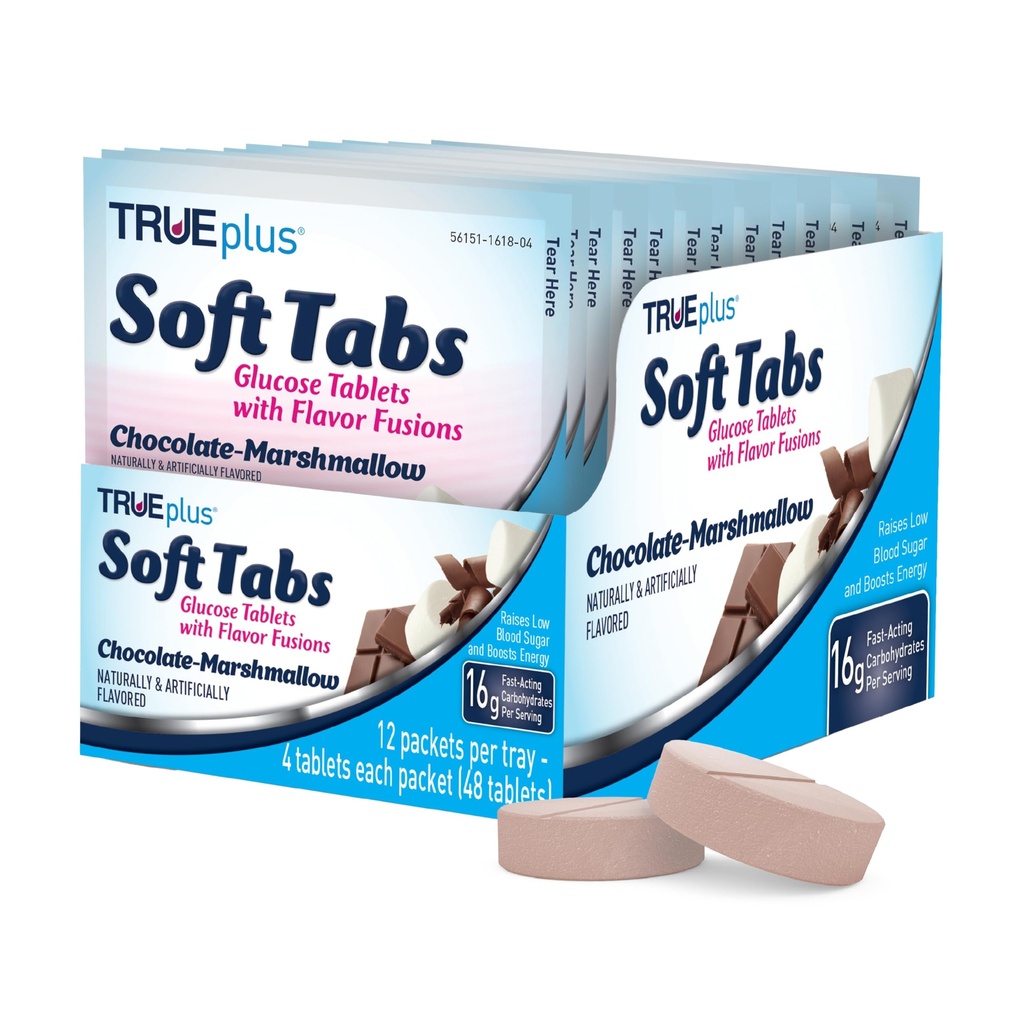 TRUEplus Soft Tabs Glucose Tablets, Chewable, Chocolate Marshmallow Flavor, 16g Fast-Acting Carbohydrates, Fat Free, Gluten Free, Boost Energy, 4 Count, 12 Packs