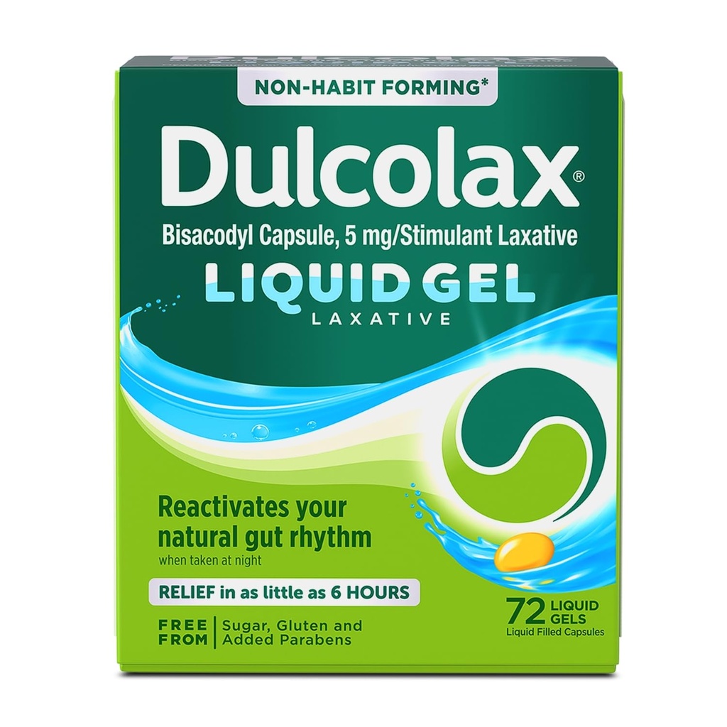 Dulcolax Stimulant Laxative Liquid Gels, Predictable & Effective Constipation Relief, Relieves Constipation Related Symptoms, Bisacodyl 5 mg, No Added Parabens, Gluten-Free & Sugar-Free, 72-Count