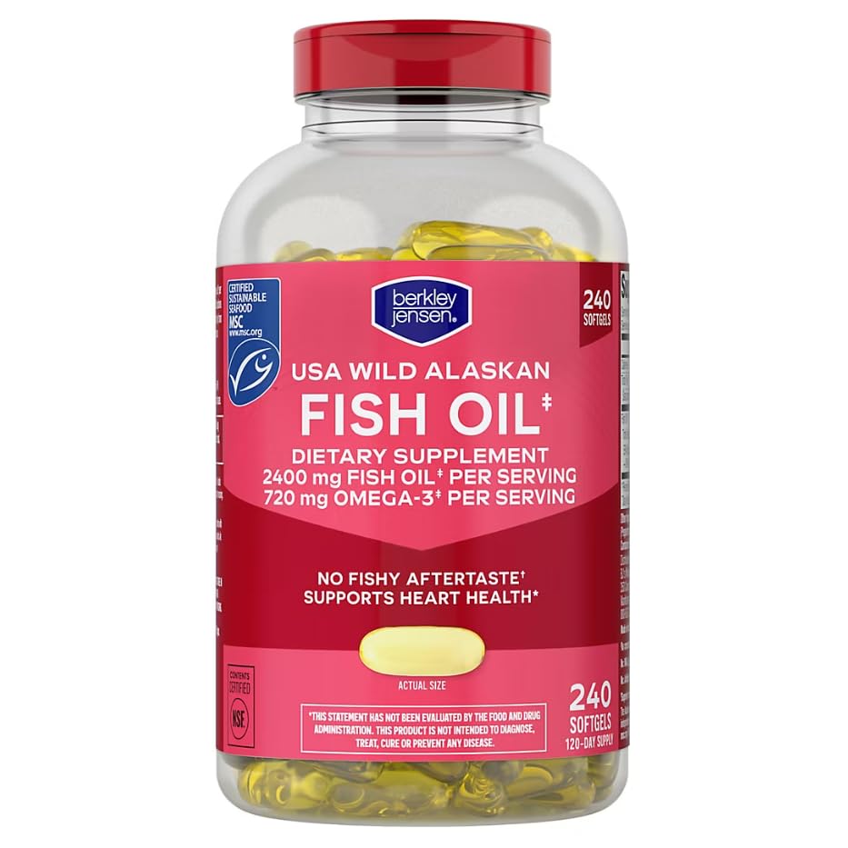berkley jensen 2400mg Fish Oil Softgels, 240 ct. | Support Heart Health, No Fishy Aftertaste, Made in USA, Supplements