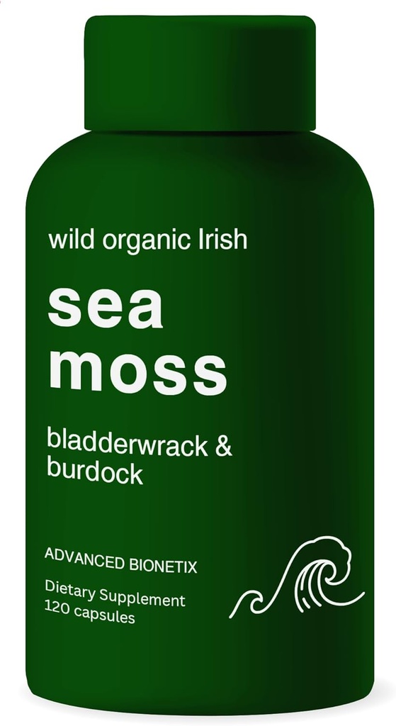 Organic Irish Sea Moss Kapsle, Raw Wildcrafted Seamoss Enhanced w / Bladderwrack & Burdock Root Kapsle 120 Celkem pilulky Antioxidant Baleno. Prebiotické Superfood, Podpora štítné žlázy