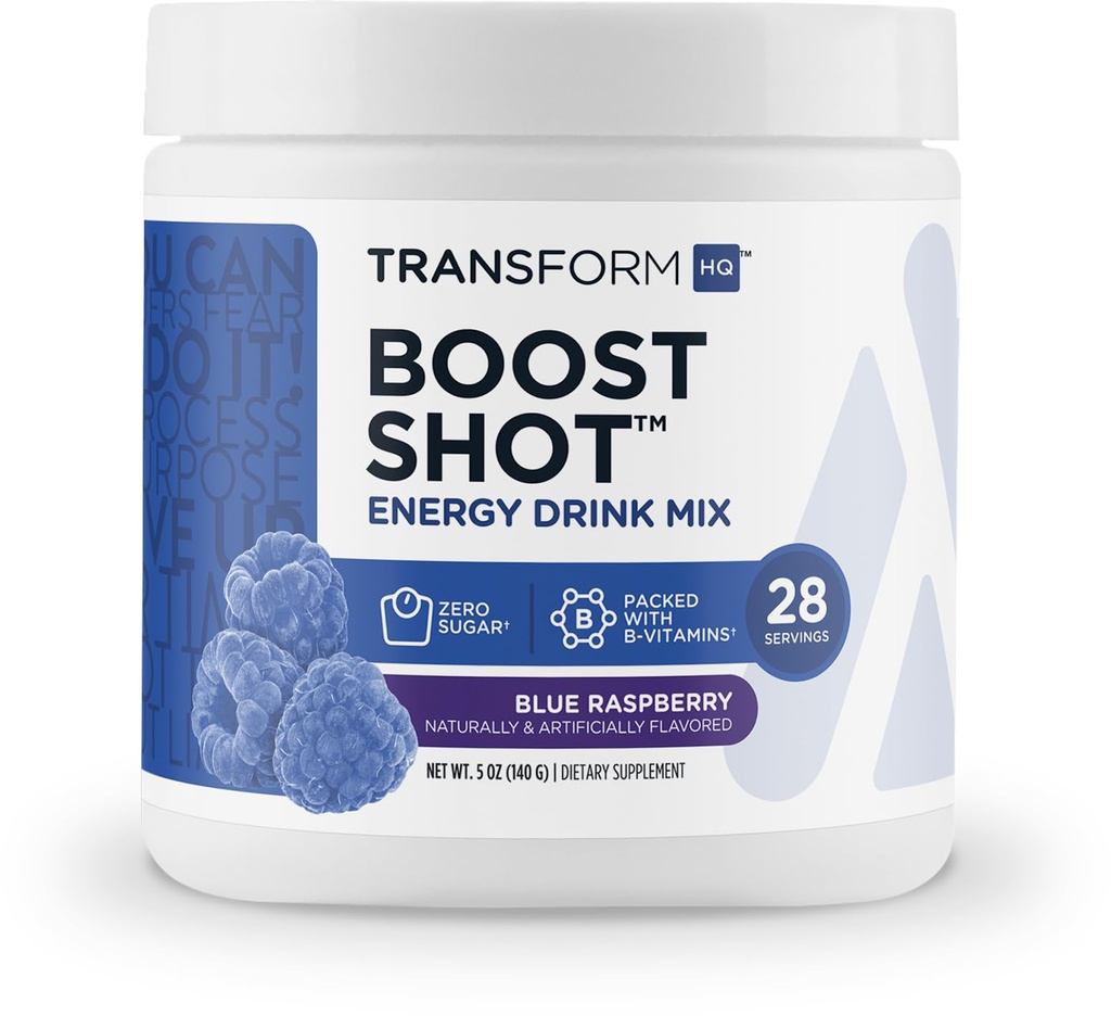 TransformHQ Energy & Focus Powder (Blue Raspberry) - Boost Shot Clean Energy Drink Mix - Sugar Free - Non-GMO, Gluten-Free - 28 Servings