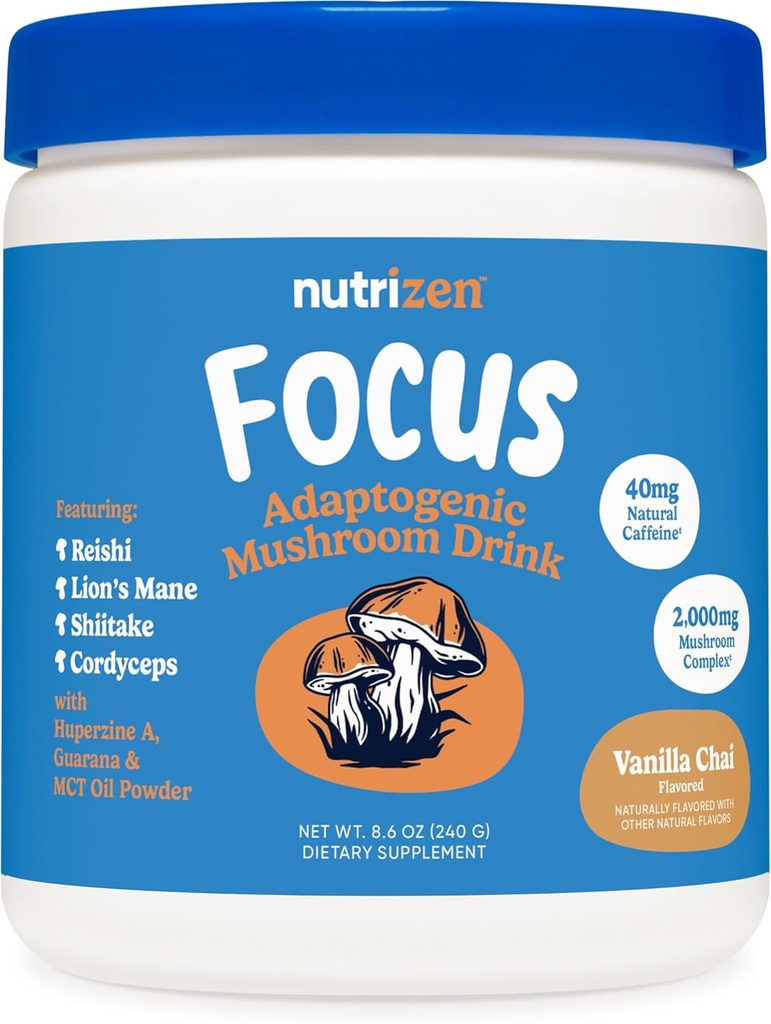 Nutricost Nutriczen AM Focus Adaptogeninis grybų girdyklos (Vanilla Chai Flavored) 30 Paslaugos - Apima Reishi, Lion 's Mane, Shiitake, Cordyceps