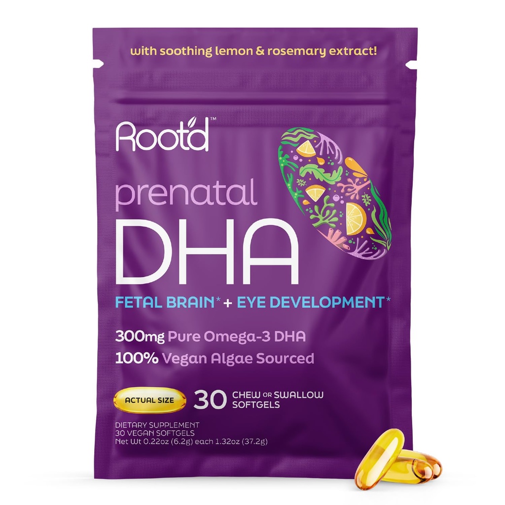 Root'd Prenatal DHA - 300mg Pure Vegan Omega-3 DHA from Algal Oil, Plant-Based Prenatal Supplement for Pregnancy, Fetal Brain & Eye Development, Non-GMO, Lemon & Rosemary Flavor, 30 Softgels