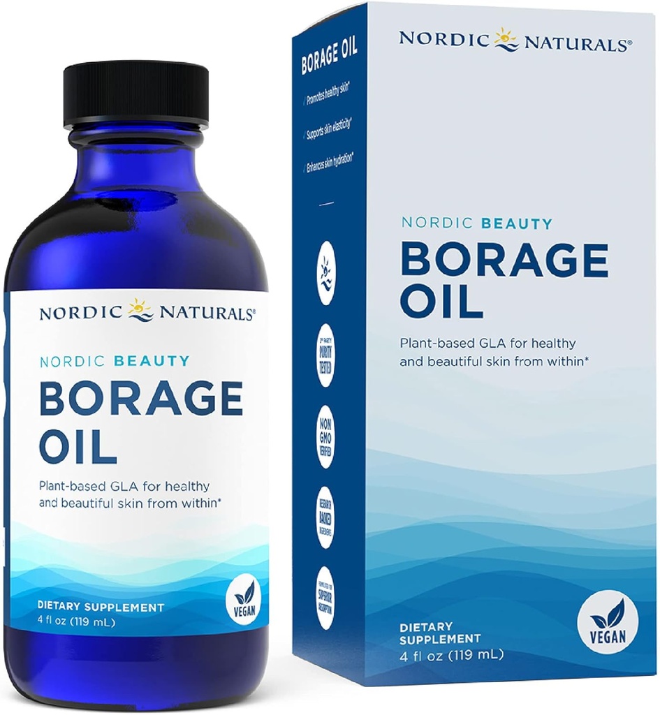 Nordic Naturals Nordic Beauty Borage Oil, Unflavored - 4 once - Borage Seed Oil, Unico Omega-6 per la pelle sana e idratata, 480 Milligrams di GLA - Non-GMO - Vegan, 48 Servings