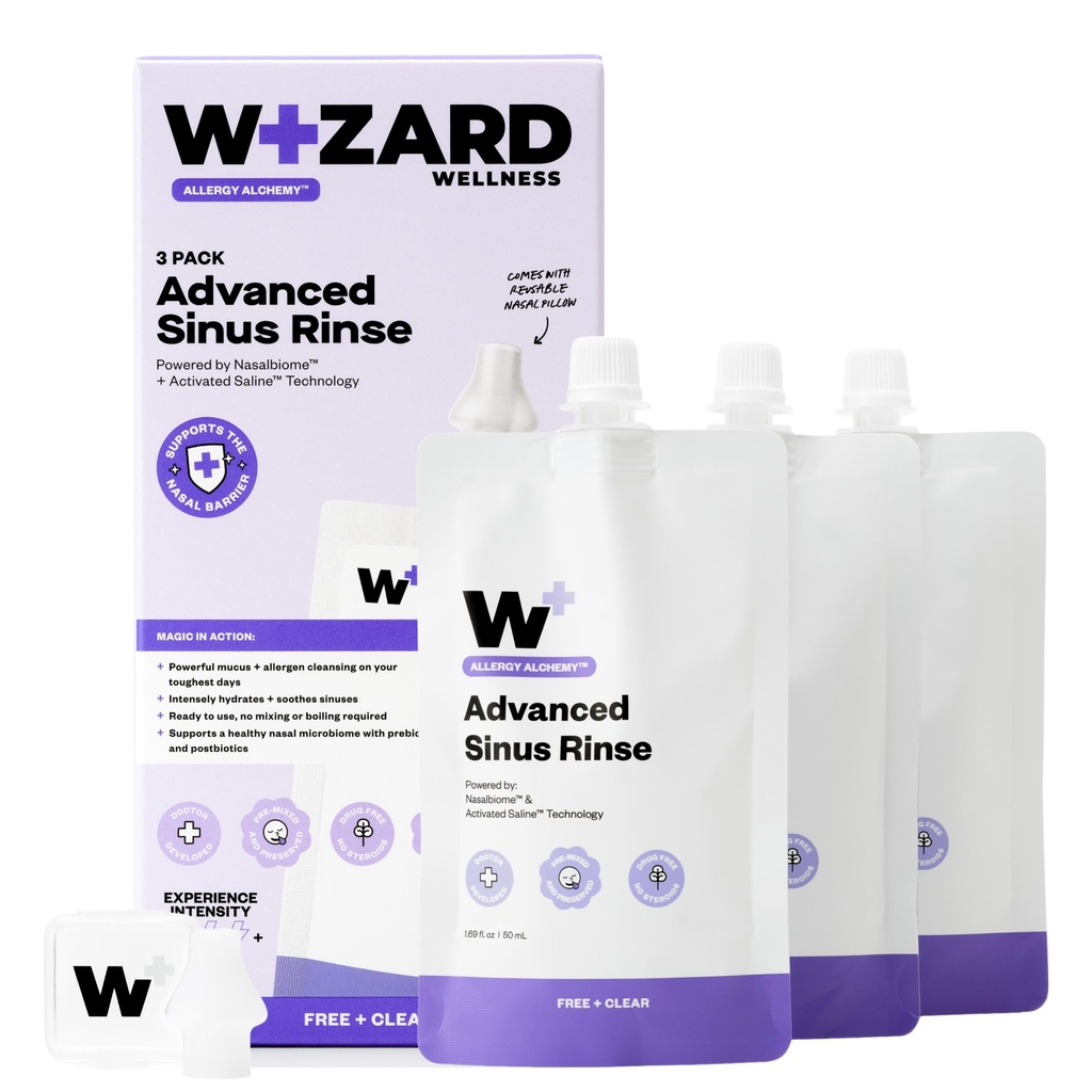 WIZARD WELLNESS Advanced Sinus Rinse | Pre-Mixed Concentrated Nasal Irrigation for Extra Mucus & Allergen Cleansing | Activated Saline + Nasalbiome Postbiotics | Mess-Free, No-Mix, Drug-Free | 3-Pack