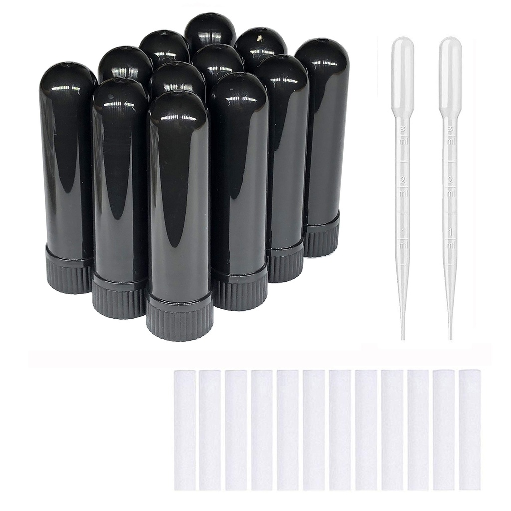 12PCS Essential Oil Aromatherapy Blank Nasal Inhaler Tubes (Includes 12 inhalers+12 unscented Wicks+2 Plastic Droppers)-Black.