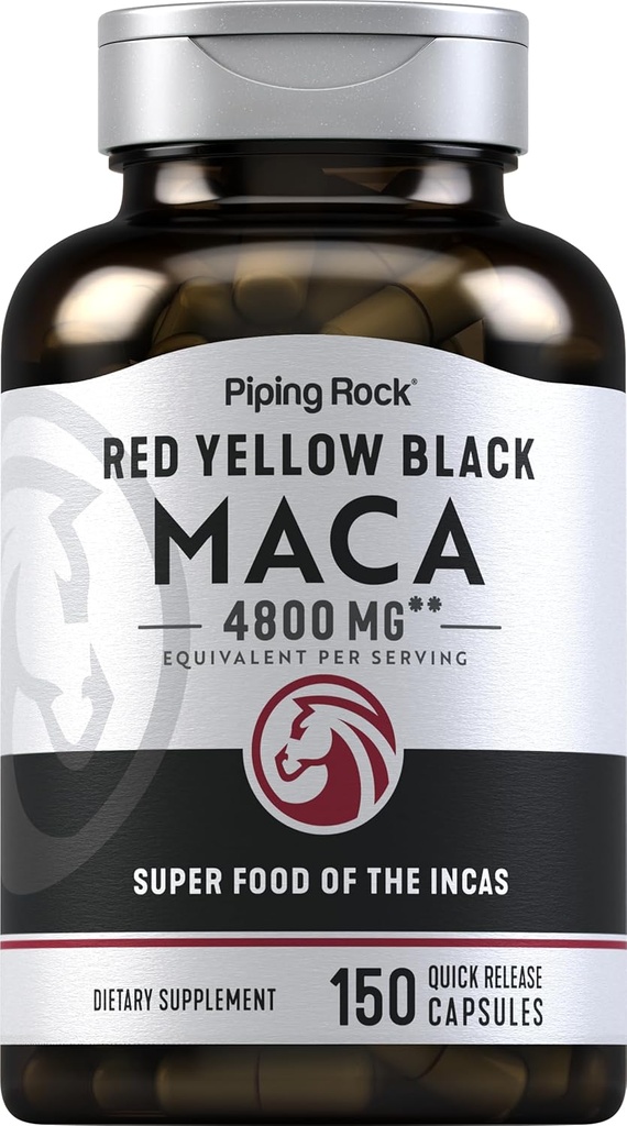 Piping Rock Maca Root Capsules | 4800mg | 150 Toz Pills / Qadınlar və Kişilər üçün | Red, Sarı, və Qara | Qarışıq-GMO, Gluten Pulsuz