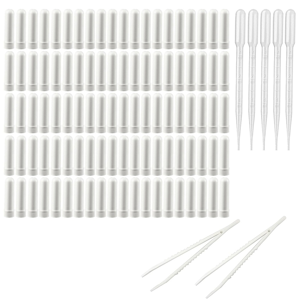 100PCS Essenial Oil Aromatherapy Blank Nasal Inhtaler Tubes (Includes 100 inhalers+110 unscented Wicks+5 Plastic Droppers+2Plastic Tweezers)