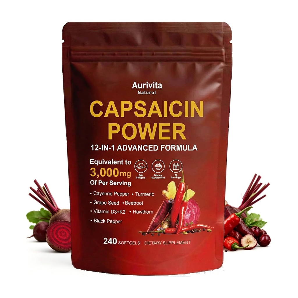 Capsaicin Softgels,auri Cayenne Pepper softgels， with Vitamin E, D3+K2, Grape Seed, Hawthorn, Beet Root & Berberine Extracts 240 Capsules