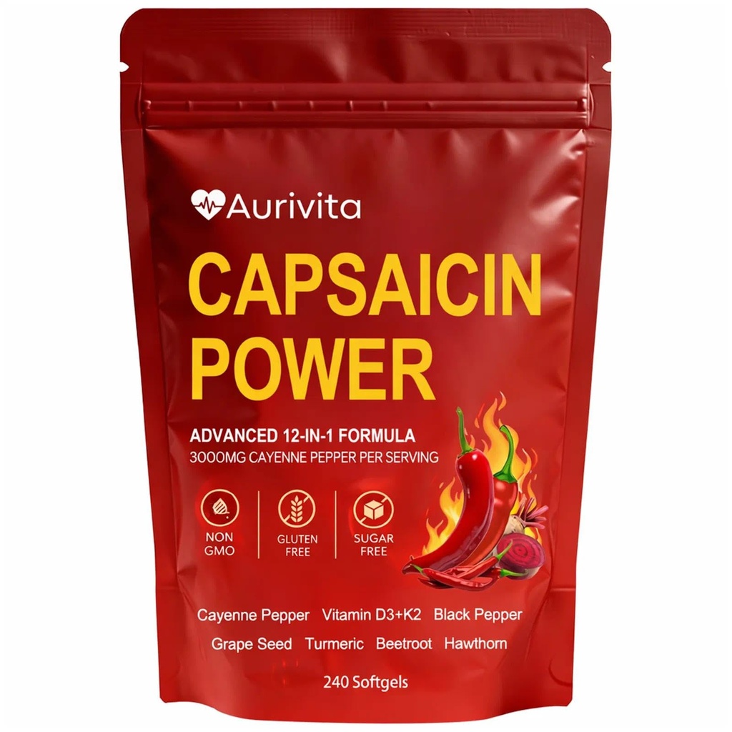 Aurivita Capsaicin Softgels – Gut Health & Digestive, with Cayenne Pepper, Vitamin D3 & K2, Beetroot, Grape Seed & Botanical Extracts, 240 Capsules (1pc)
