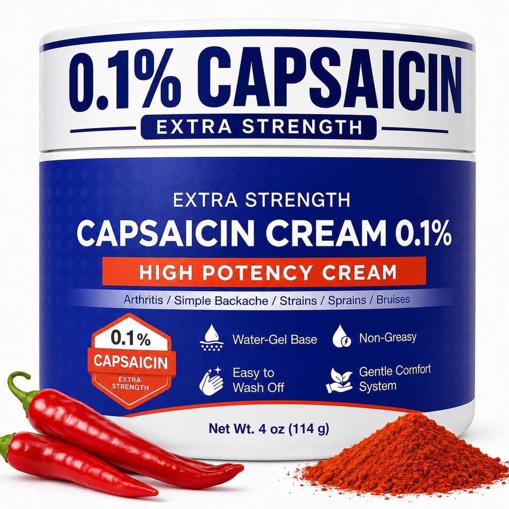 Capsaicin Cream Extra Strength - Neuropathy Relief Cream with 0.1% Capsaicin for Arthritis, Muscle, Joint and Lower Back - 4oz