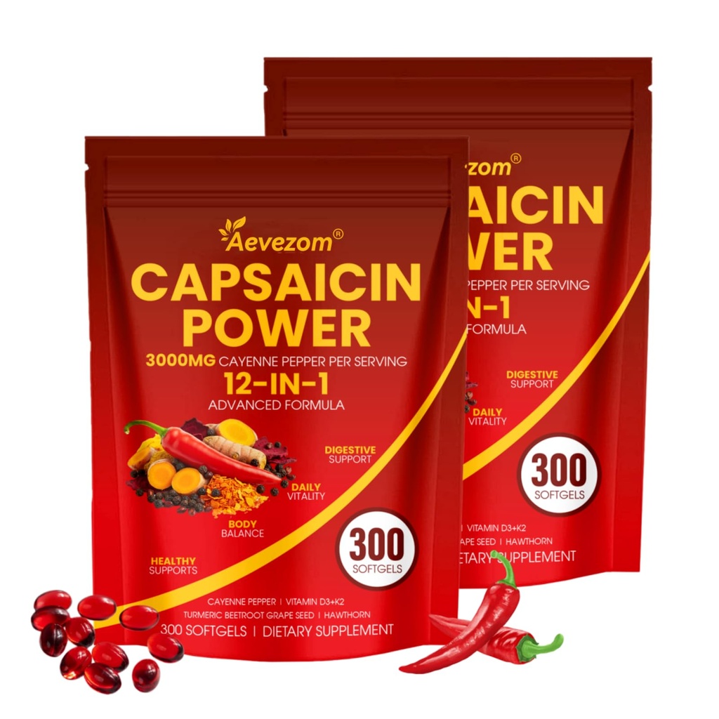 Capsaicin Power, 12-in-1 Cayenne Pepper Softgels Supplement,with Vitamin D3+K2, Cayenne Pepper,Turmeric,Grape Seed and Other Extract,300 Softgels (2)