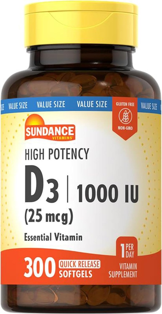 Sundance Vitamine D3 1000 UI , 300 Softgels , haute puissance , formule de vitamine essentielle , sans OGM et supplément sans gluten